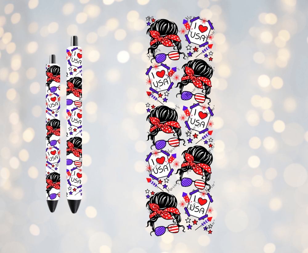 I ❤️ USA Messy Bun Lady Theme UVDTF Pen Wrap/ Bookmark Decal