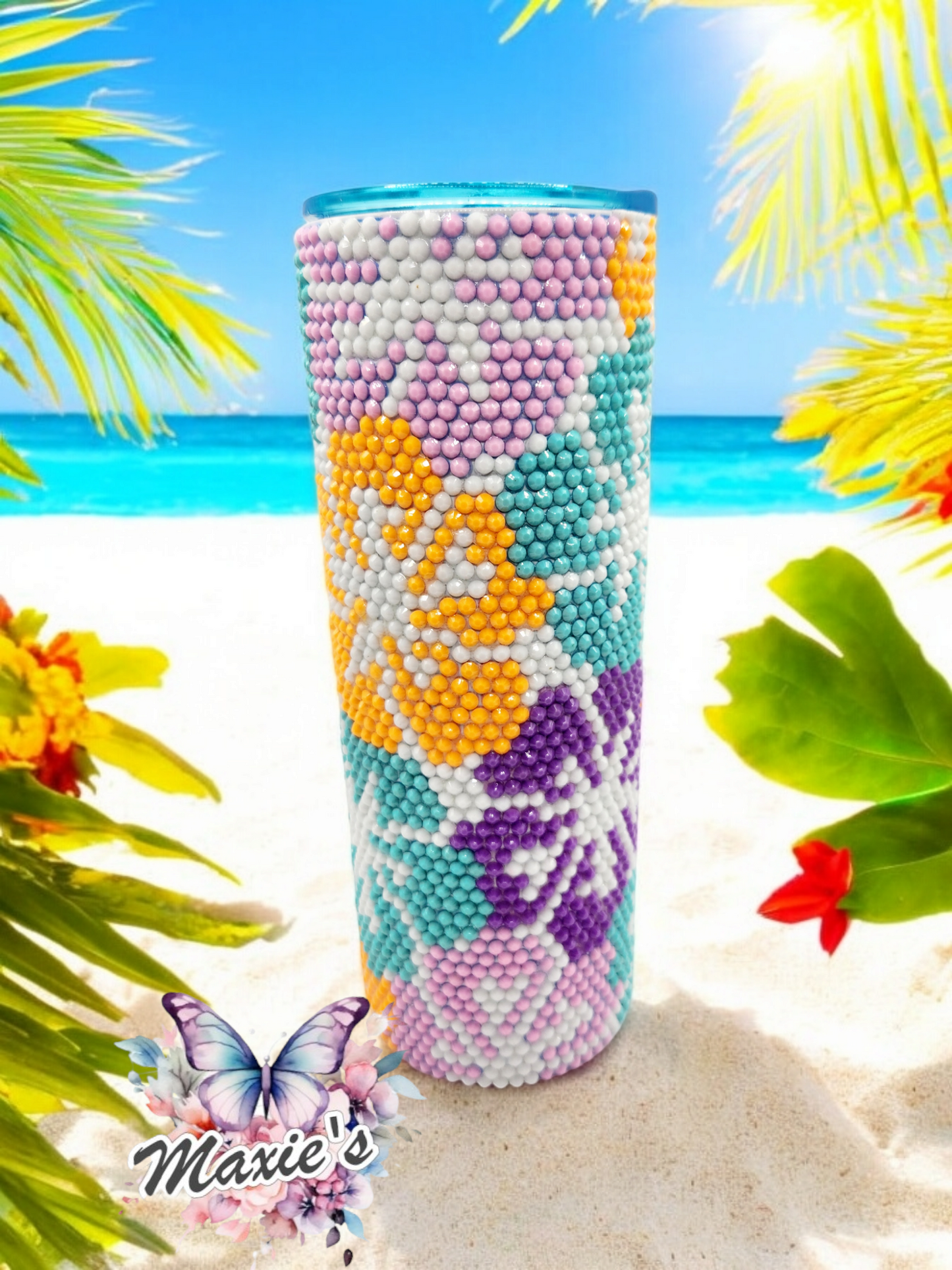 Hibiscus šŗ Flowers Pattern Rhinestones Blingedz. Stainless Steel Skinny Tumbler