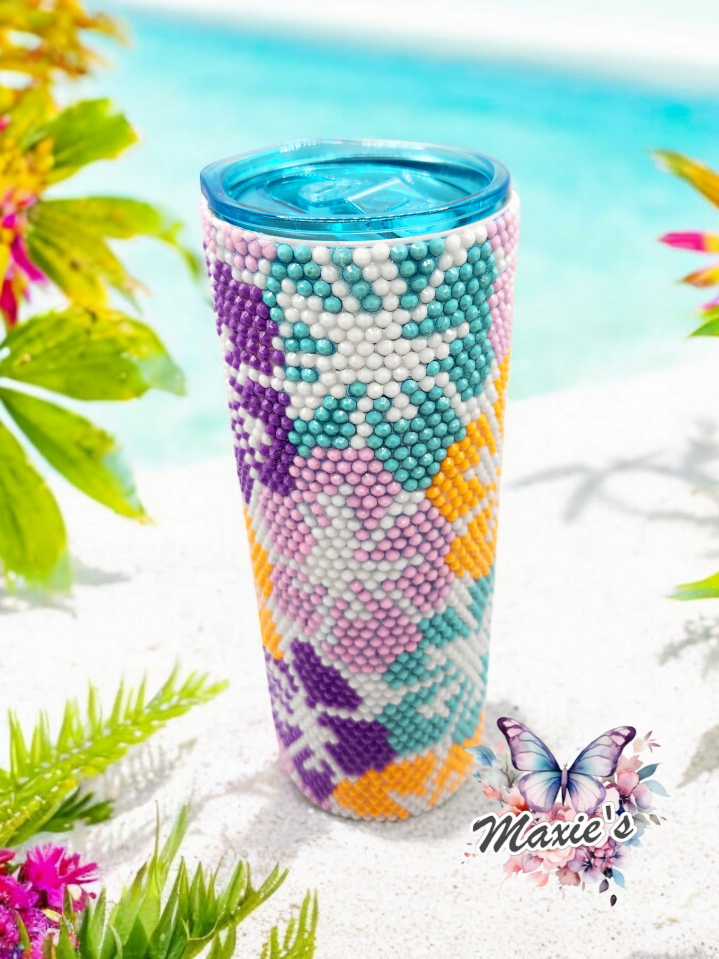 Hibiscus šŗ Flowers Pattern Rhinestones Blingedz. Stainless Steel Skinny Tumbler