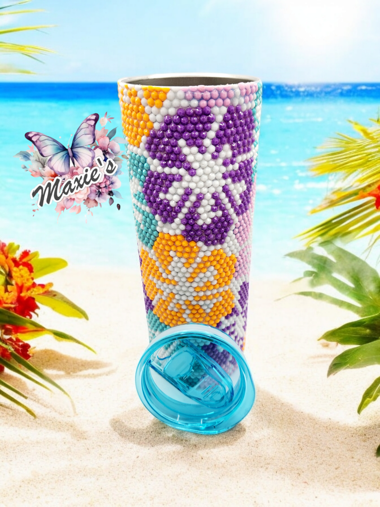Hibiscus šŗ Flowers Pattern Rhinestones Blingedz. Stainless Steel Skinny Tumbler