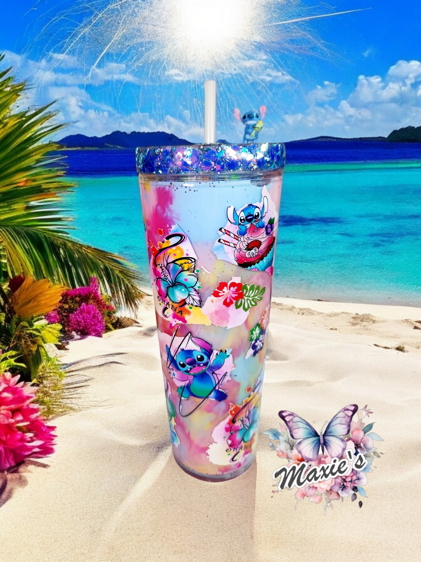 Aloha Stitch Water Splashed Graphic Design 24oz. Tumblr with Shaker Lid