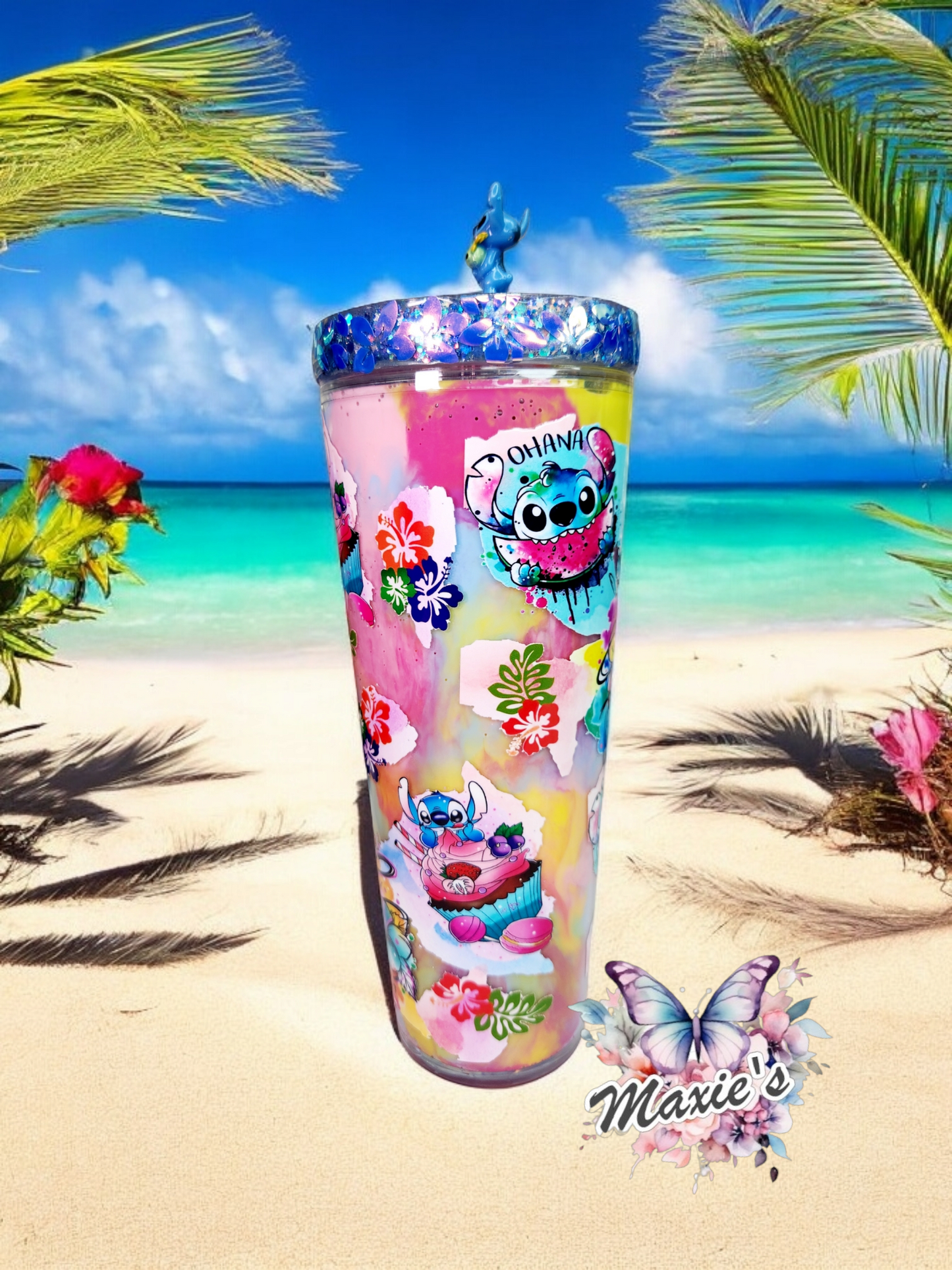 Aloha Stitch Water Splashed Graphic Design 24oz. Tumblr with Shaker Lid