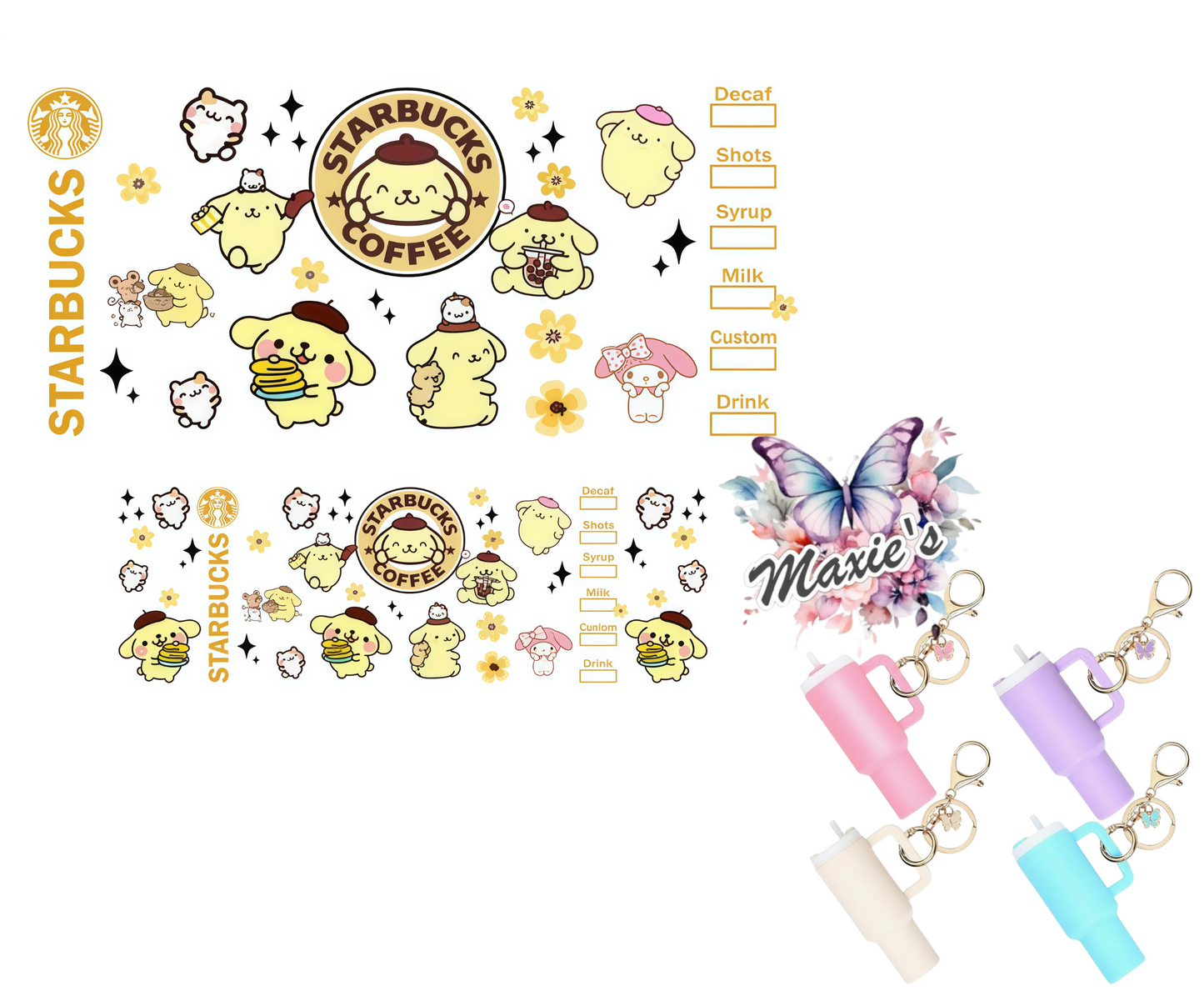 Pompompurin Starbbie Coffee Graphic Design UVDTF Mini Stanley Tumblr Keychain Decal