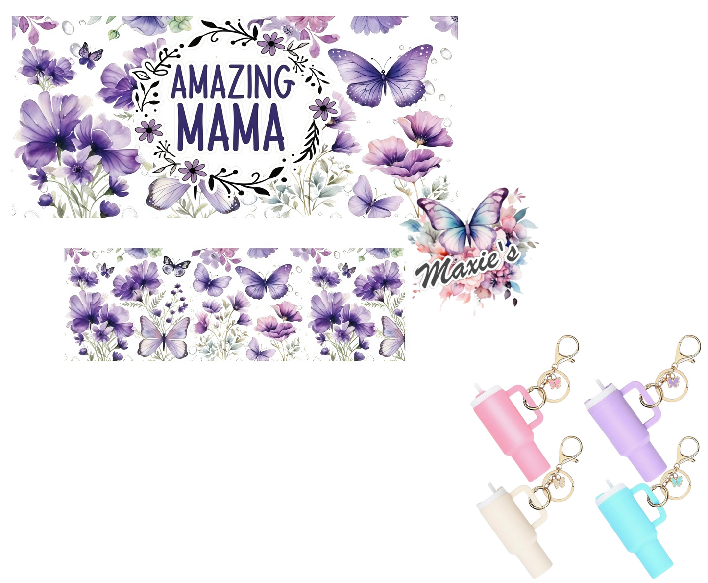Purple Floral Mama Theme UVDTF Mini Stanley Tumblr Keychain Decal