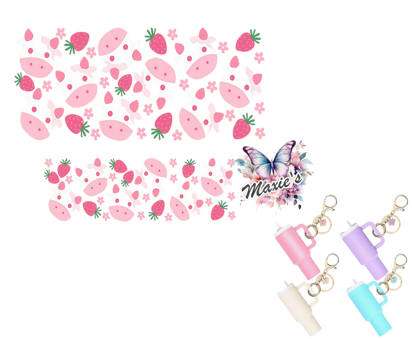 Strawberry 🍓 Milk Cow Graphic Design UVDTF Mini Stanley Tumblr Keychain Decal