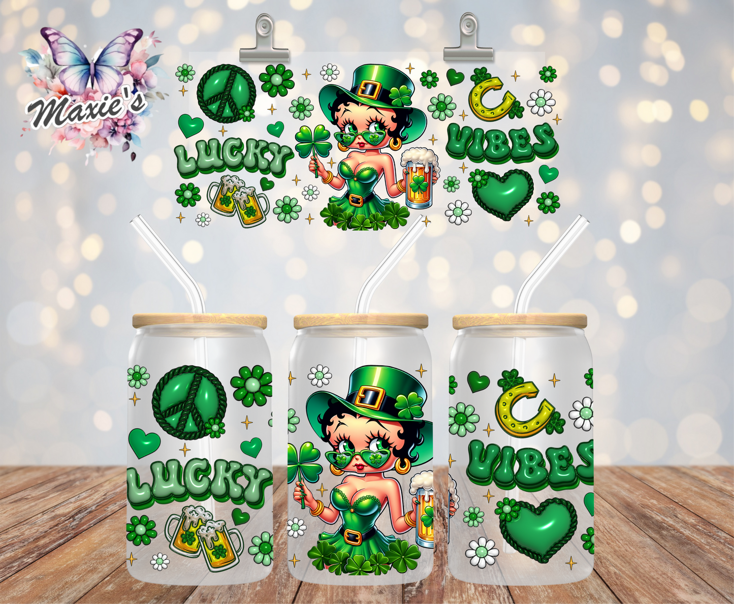 Lucky Vibe St. Patrick Theme Missy Betty Boop Graphic Design 16oz. UVDTF Cup Wrap