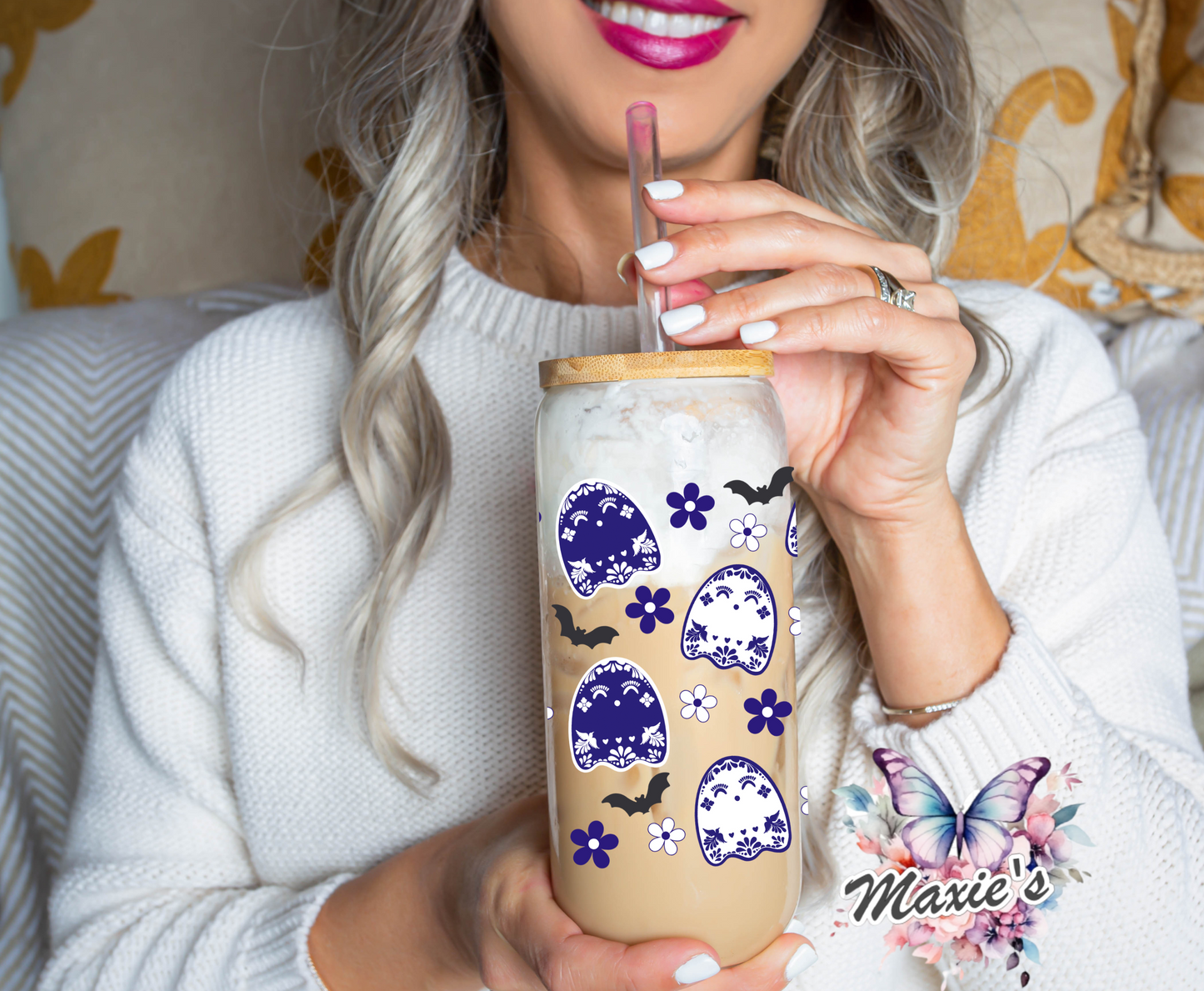 ✨️ Double - Sided ✨️ Talavera Blue & Floral Ghostie & Bats UVDTF 16oz. Cup Wrap