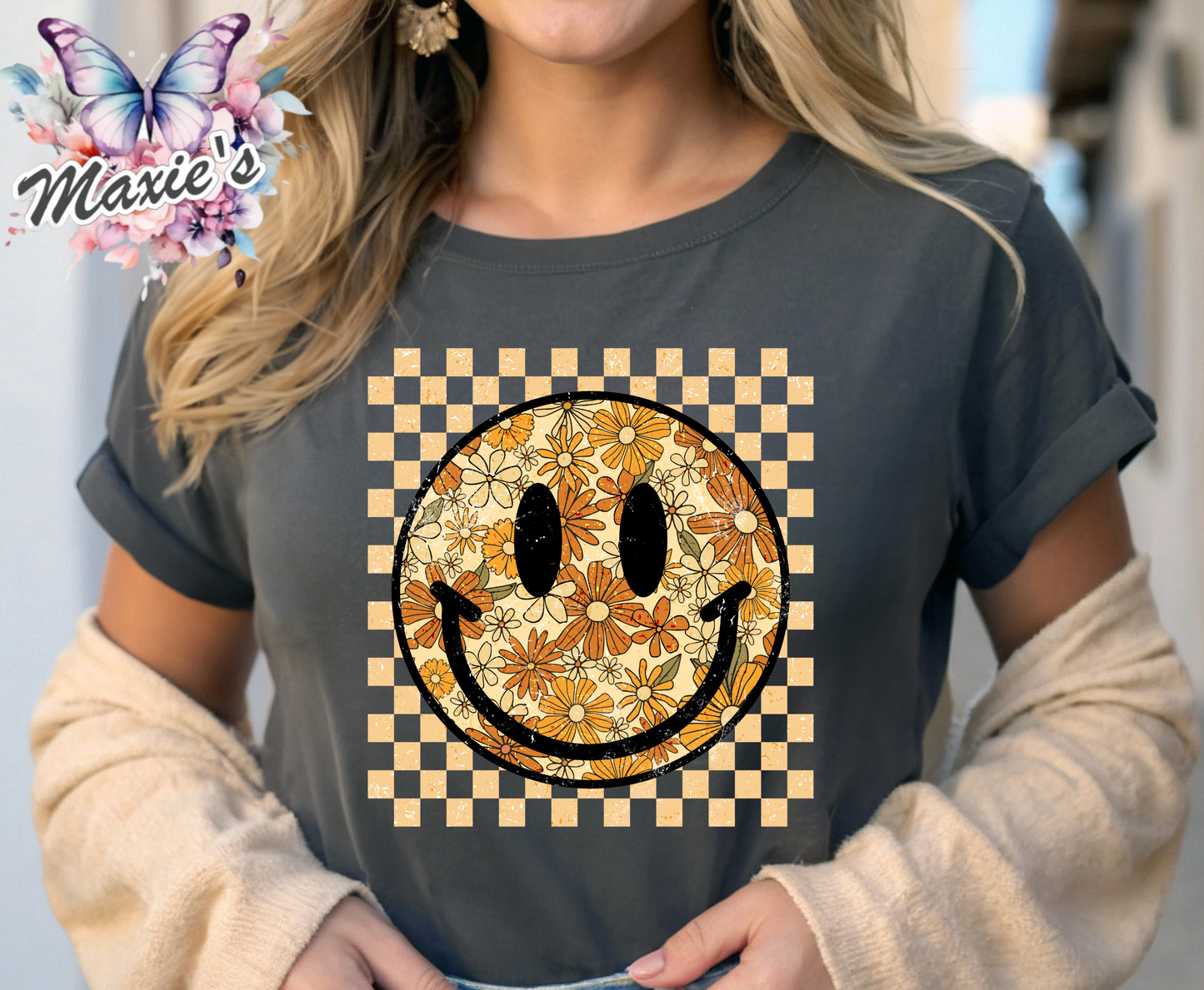 Retro Checkered Smiley DTF Transfer Print