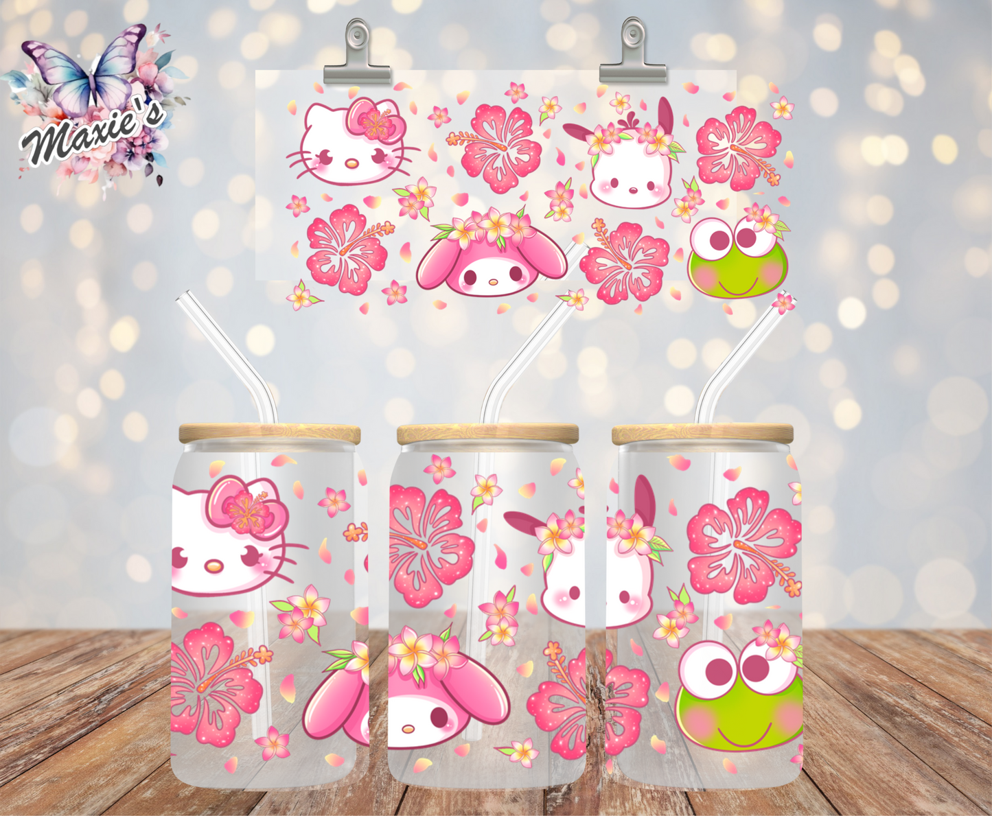 Hibiscus ๐บ Floral Kitty & Friends Graphic Design 16oz. UVDTF Cup Wrap
