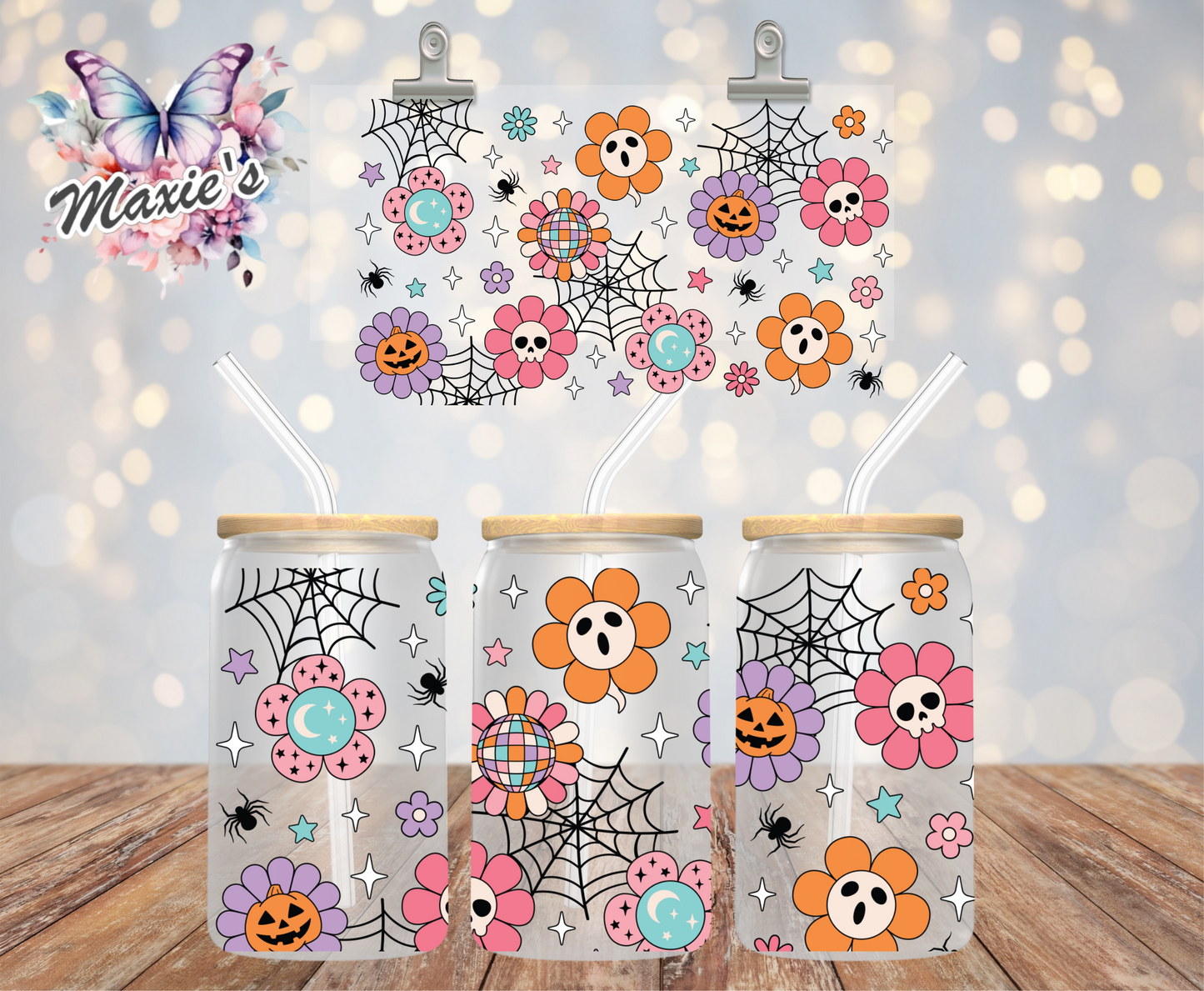 ✨Double-Sided✨ Spooky Halloween Flowers Graphic Design 16oz. UVDTF Cup Wrap