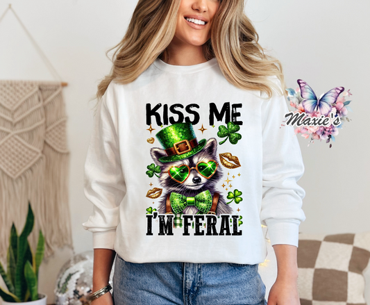 Kiss 💋 Me! I'm Feral 🦝 Funny St. Patrick Theme DTF Transfer Print