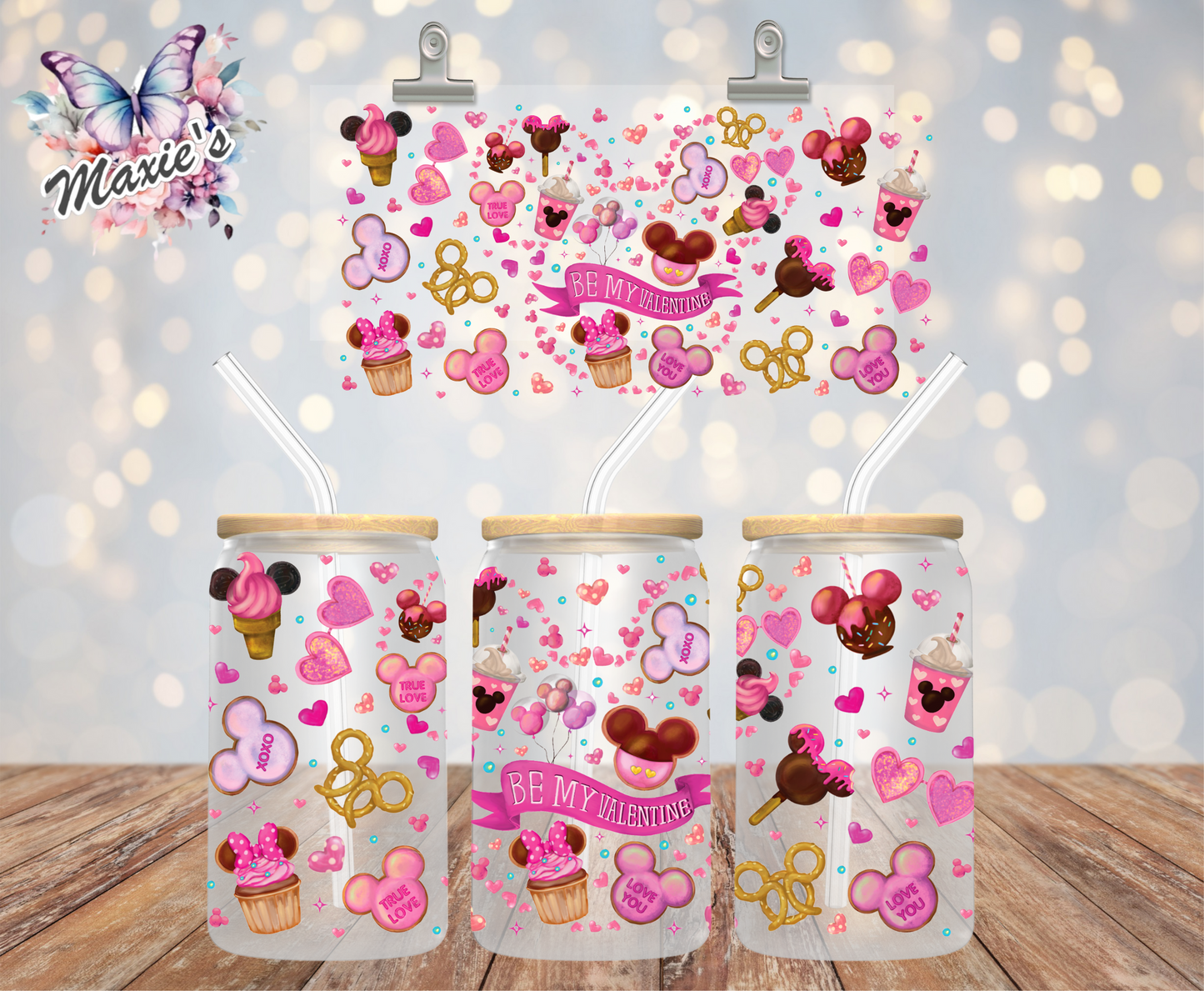 ✨️Double-Sided✨️ Be My Valentine Pink Valentine Mouse Theme 16oz. UVDTF Cup Wrap