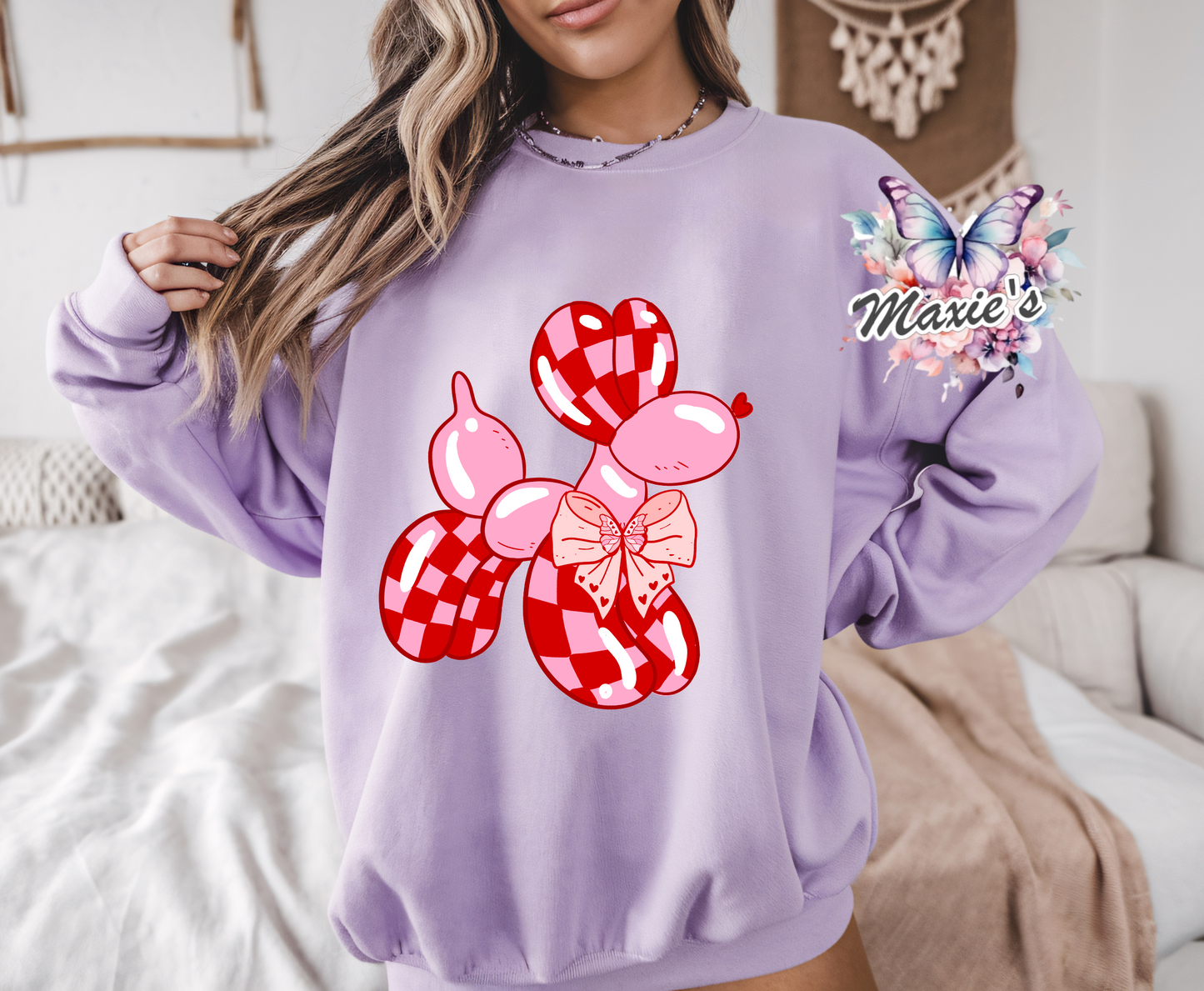 Pink Checkered 🎀 Ballon Dog Graphic Design DTF Transfer Print