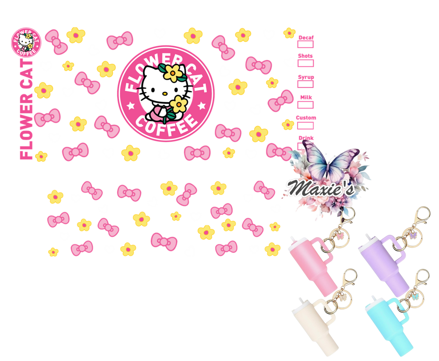 Daisy & Bows Hello-Kitty Coffee Graphic Design UVDTF Mini Tumblr Keychain Decal