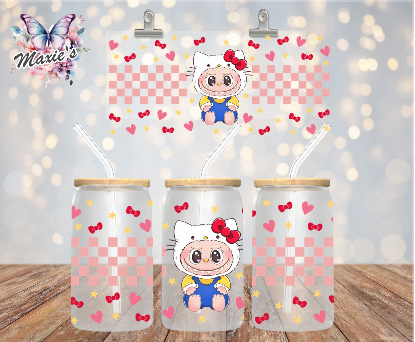 Checkered Kitty Labubu Graphic Design 16oz. Cup Wrap