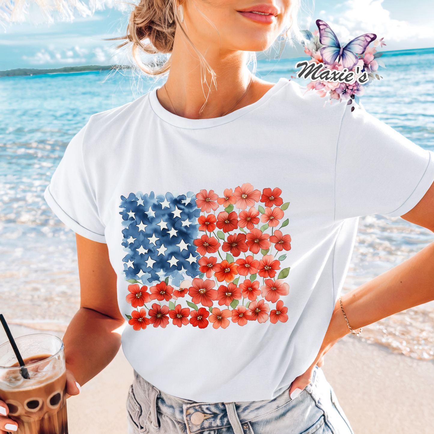 Floral Theme American Flag Graphic Design DTF Transfer Print