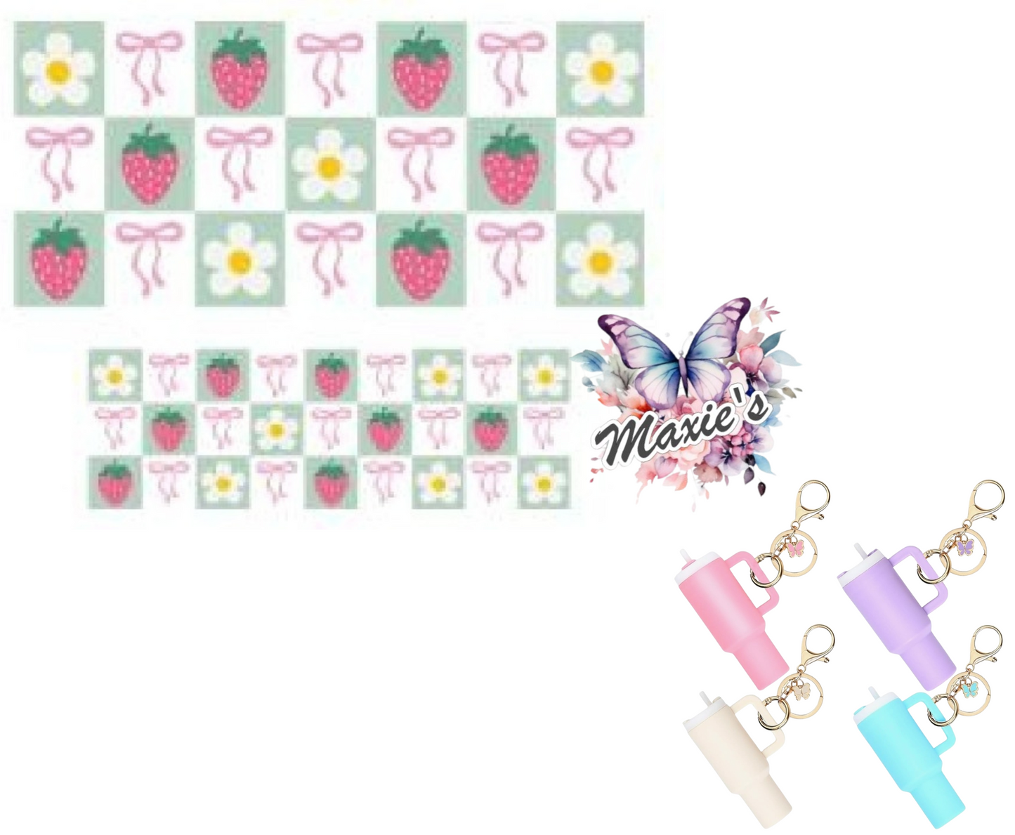 Strawberry 🍓 & Daisy Delight Checker Theme UVDTF Mini Stanley Tumblr Keychain Decal