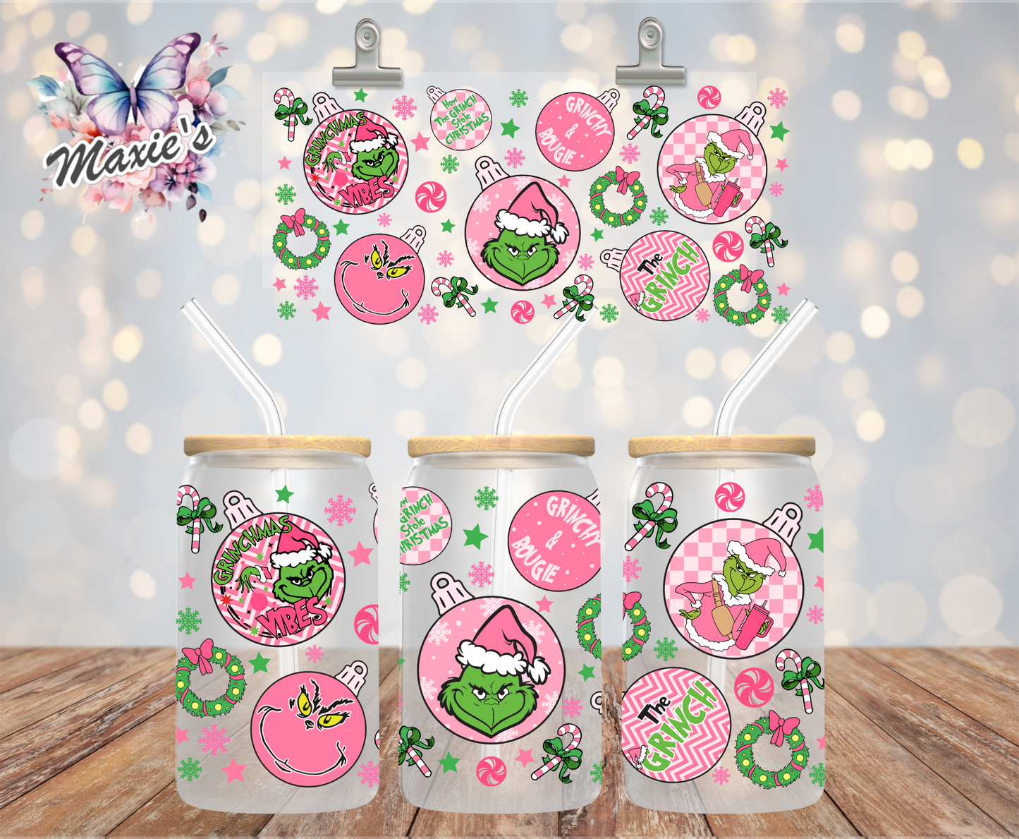 Pink Grinchmas Vibes Graphic Design 16oz. UVDTF Cup Wrap