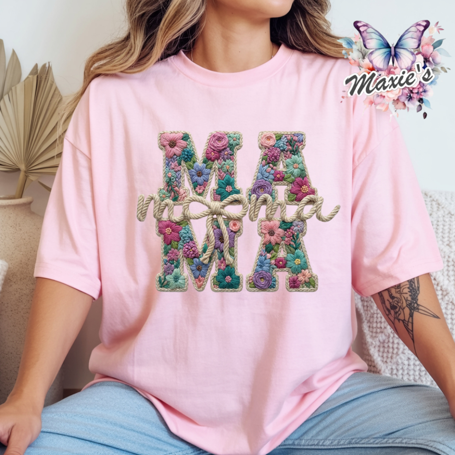 Faux Embroidery Floral Mama Graphic Design DTF Transfer Print