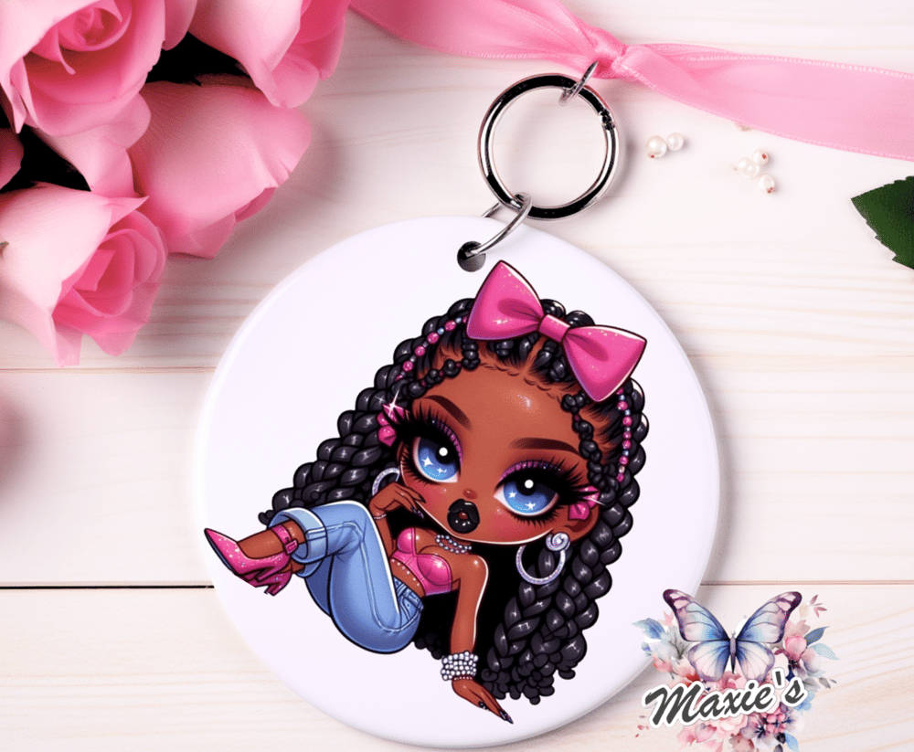 Curly Hair Girl & Pink Coquette Graphic Design UVDTF Motel Keychain Decal