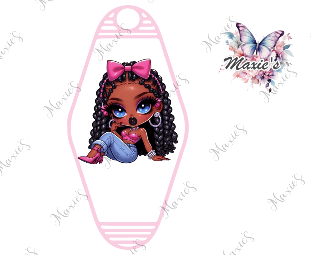 Curly Hair Girl & Pink Coquette Graphic Design UVDTF Motel Keychain Decal