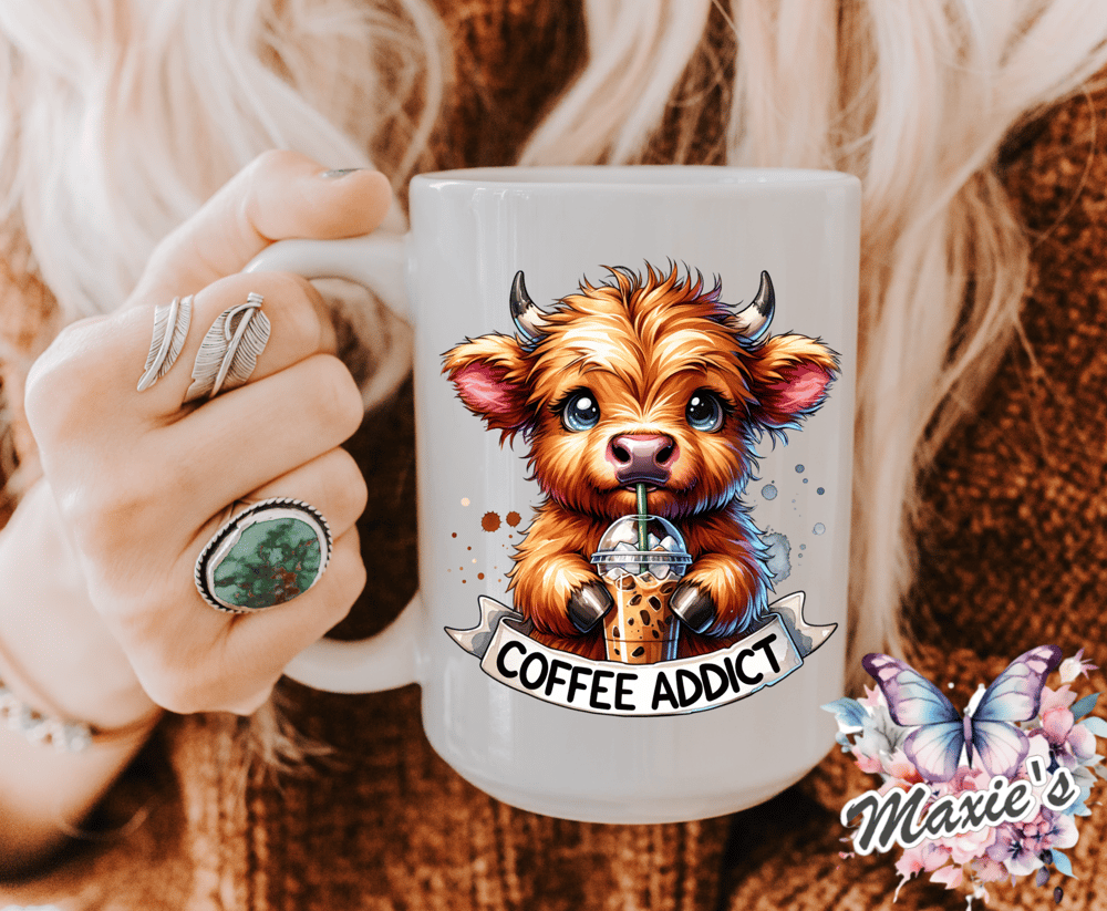 Coffee Addict Highlander Cow Graphic Design 16oz. Sublimation Cup Decal Print