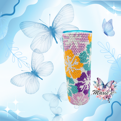 Hibiscus 🌺 Flowers Rhinestones Blinged 20oz. Stainless Steel Skinny Tumbler