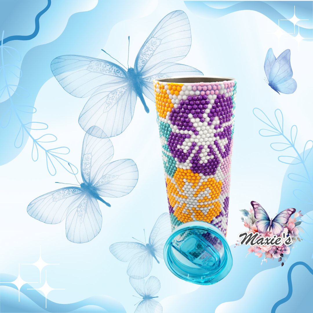 Hibiscus 🌺 Flowers Rhinestones Blinged 20oz. Stainless Steel Skinny Tumbler