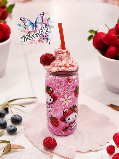 Strawberry 🍓 Kitty & Daisy with Yummy Whipped Cream 16oz. Libbey Glass Cup