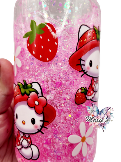 Strawberry 🍓 Kitty & Daisy with Yummy Whipped Cream 16oz. Libbey Glass Cup