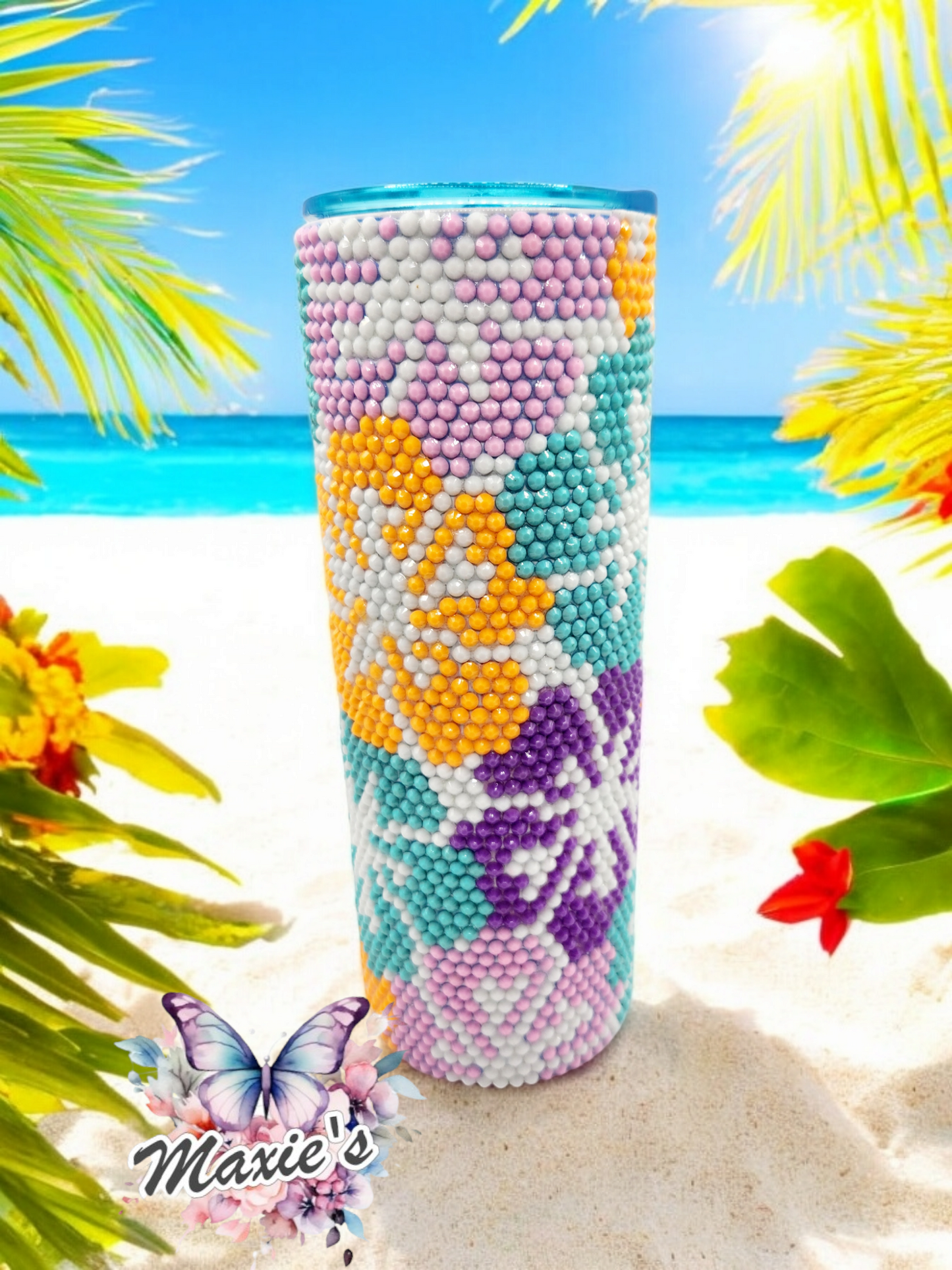 Hibiscus 🌺 Flowers Pattern Rhinestones Blingedz. Stainless Steel Skinny Tumbler