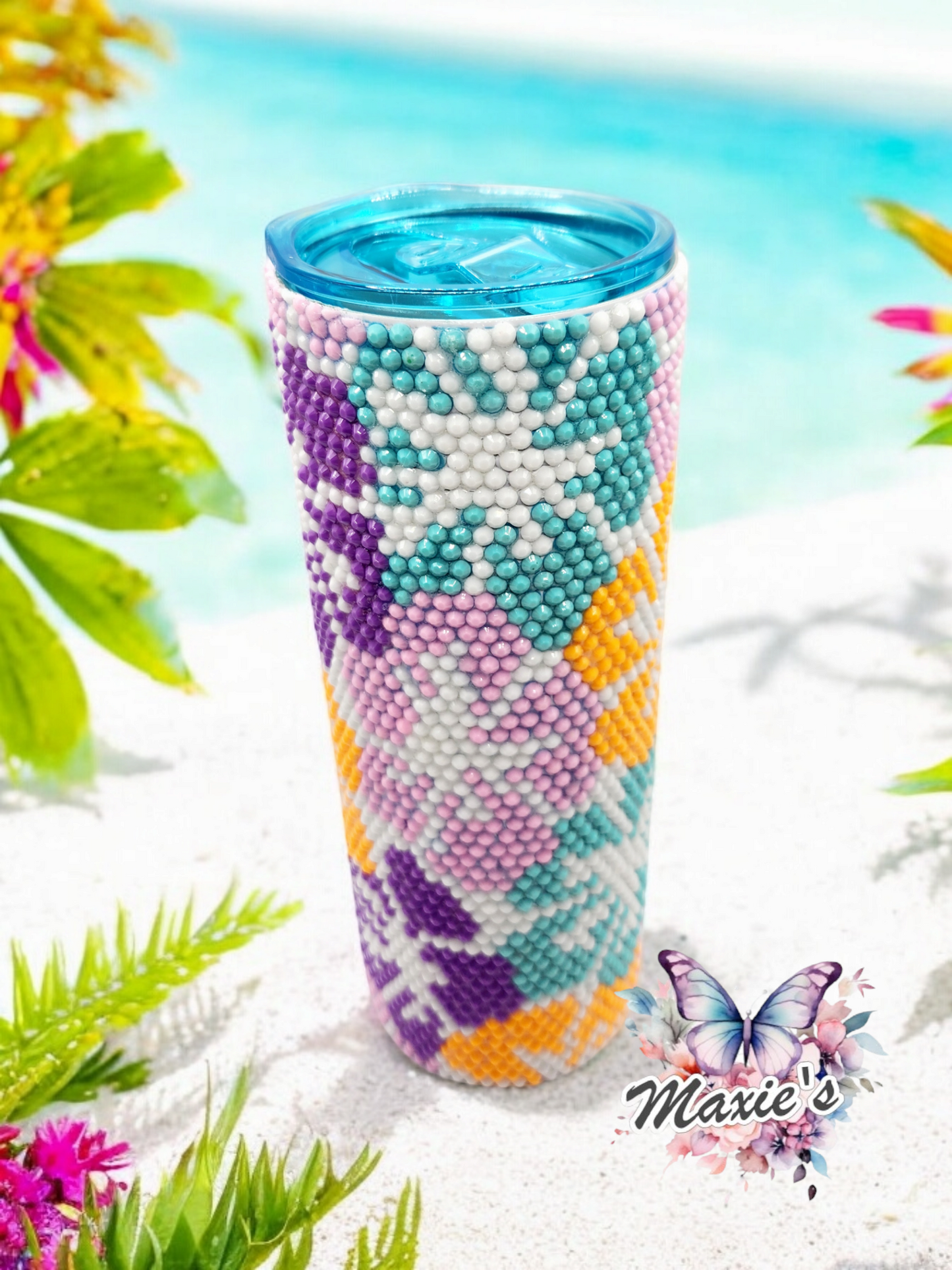 Hibiscus 🌺 Flowers Pattern Rhinestones Blingedz. Stainless Steel Skinny Tumbler