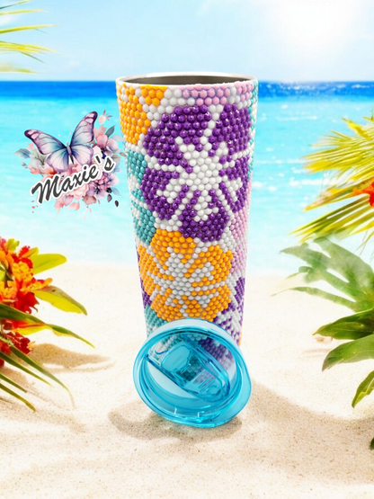 Hibiscus 🌺 Flowers Pattern Rhinestones Blingedz. Stainless Steel Skinny Tumbler