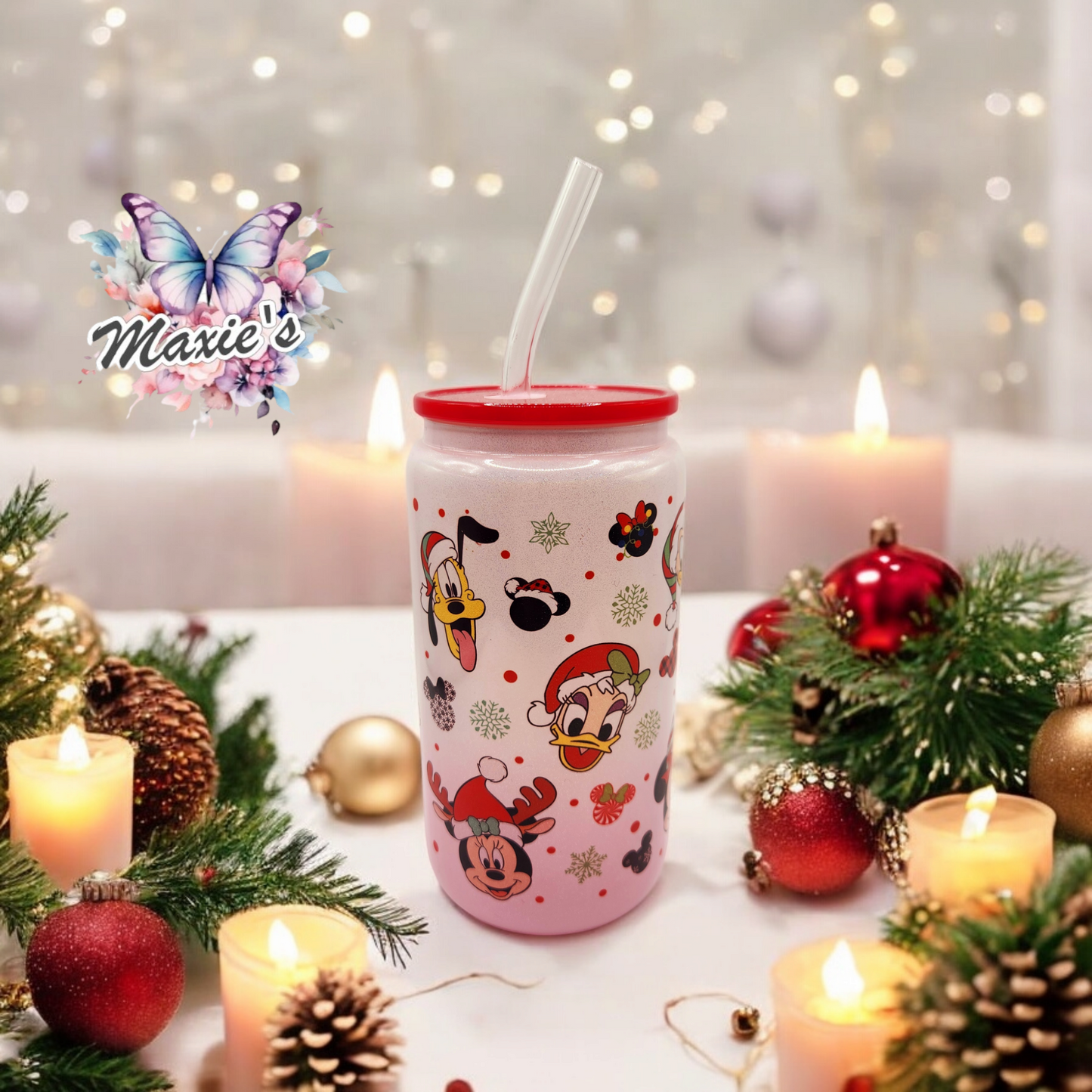 Disney Mickey Mouse & Friends X'mas 16oz. Glass Libbey Cup