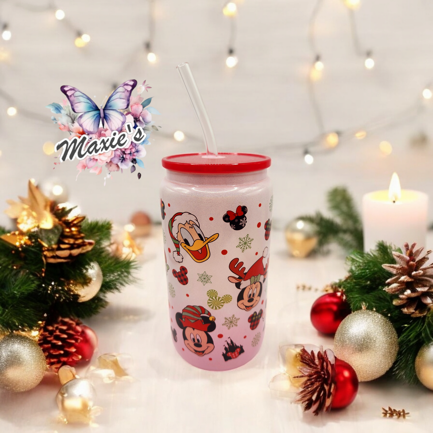 Disney Mickey Mouse & Friends X'mas 16oz. Glass Libbey Cup