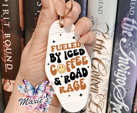 Fueled By Iced Coffee & Road Rage Quote UVDTF Motel Keychain Decal