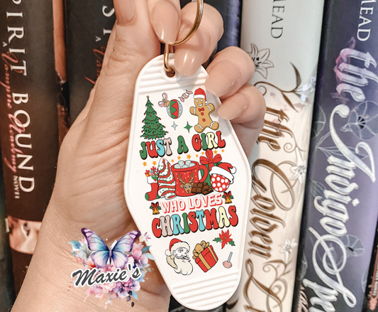 Just A Girl Who Loves Christmas Graphic Design UVDTF Motel Keychain Decal