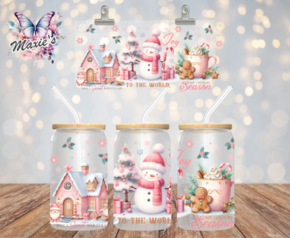 ✨️Double-Sided✨️ Pink Joy Christmas Snowman Graphic Design 16oz. UVDTF Print