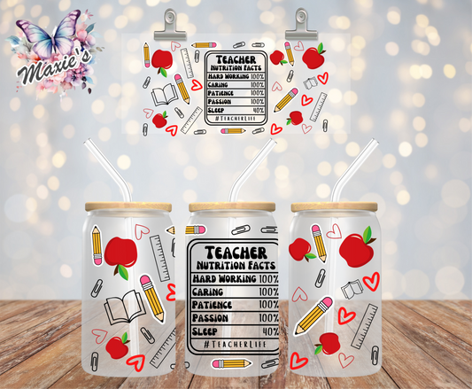 Teacher Nutrition Facts Graphic Design 16oz. UVDTF Cup Wrap