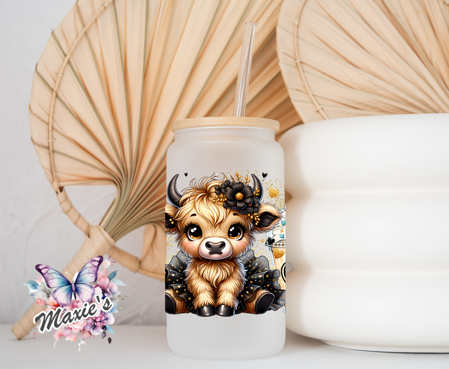 Iced Coffee Addict Cute Highland Cow Graphic Design 16oz. UVDTF Cup Wrap