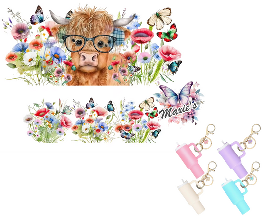 Floral Highlander Cow Graphic Design UVDTF Mini Stanley Tumblr Keychain Decal