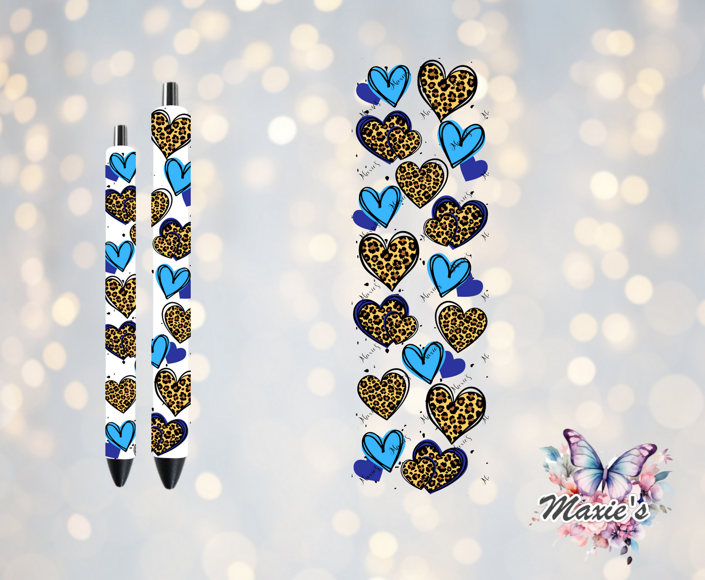 Blue Cheetah Hearts Theme UVDTF Pen Wrap/ Bookmark Decal