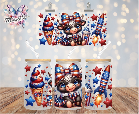 4th of July Highlander Cow Graphic Design 16oz. UVDTF Cup Wrap