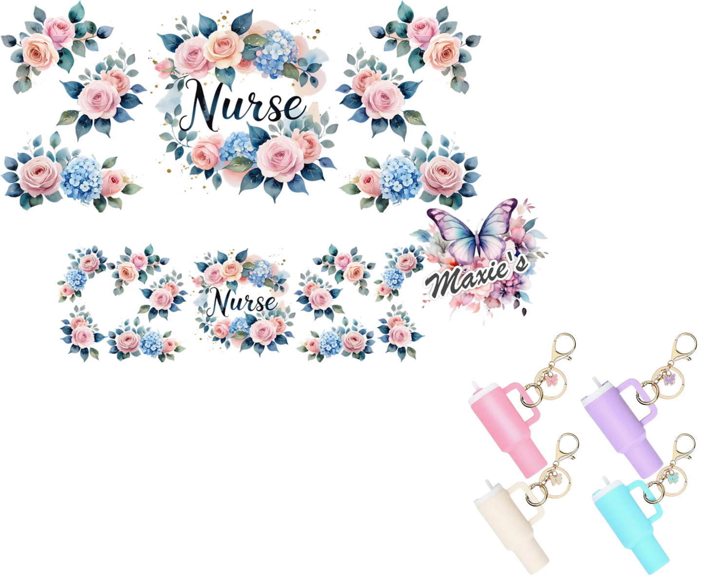 Floral Nurse Theme UVDTF Mini Stanley Tumblr Keychain Decal
