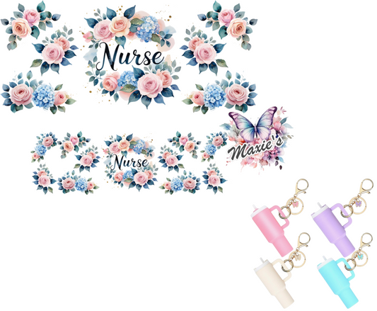 Floral Nurse Theme UVDTF Mini Stanley Tumblr Keychain Decal