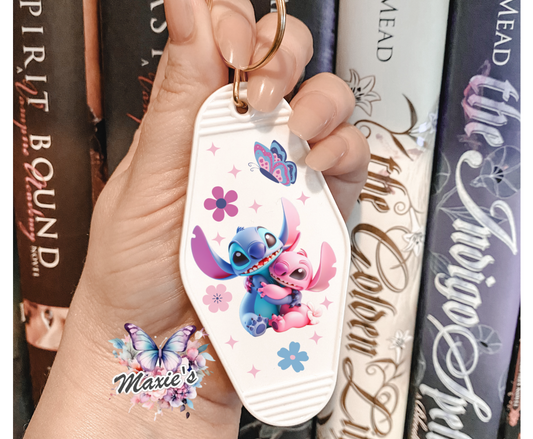 Floral Stitch Couple Graphic Design UVDTF Motel Keychain Decal