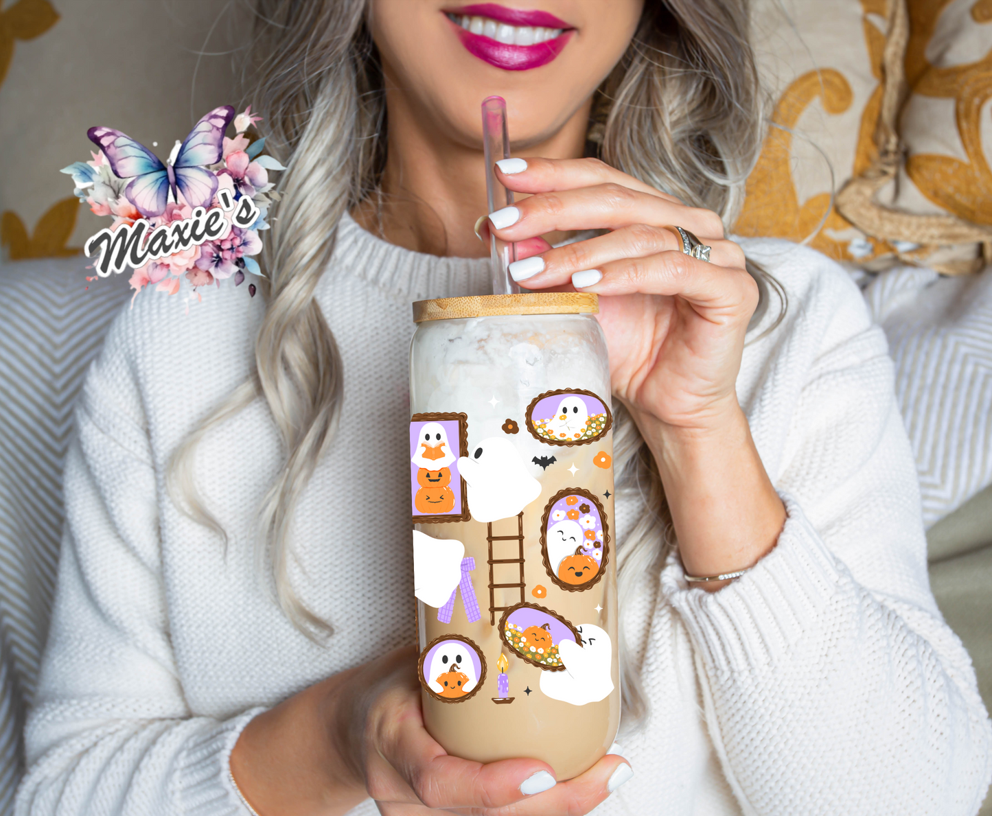 Cute Ghostie & Pumpkin Portraits Graphic Design 16oz. UVDTF Cup Wrap