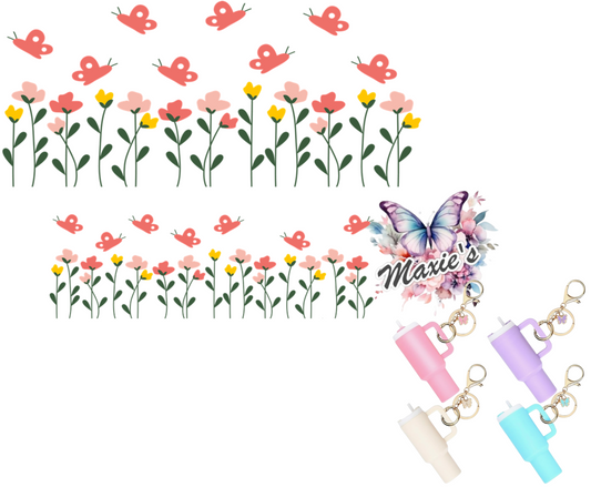 Floral Theme UVDTF Mini Stanley Tumblr Keychain Decal
