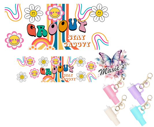 Stay Groovy Retro Theme UVDTF Mini Stanley Tumblr Keychain Decal