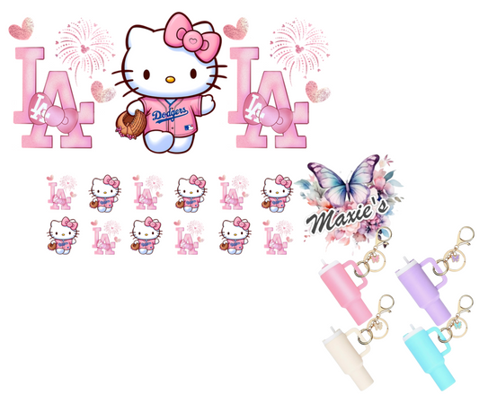 Pink L.A. Dodgers Kitty Graphic Design UVDTF Mini Stanley Tumblr Keychain Decal
